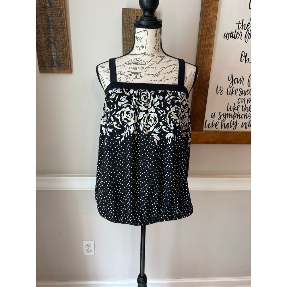 Maxine Of Hollywood Women's Polka Dot Floral Swim Tankini Top Black Gold Sz 16W